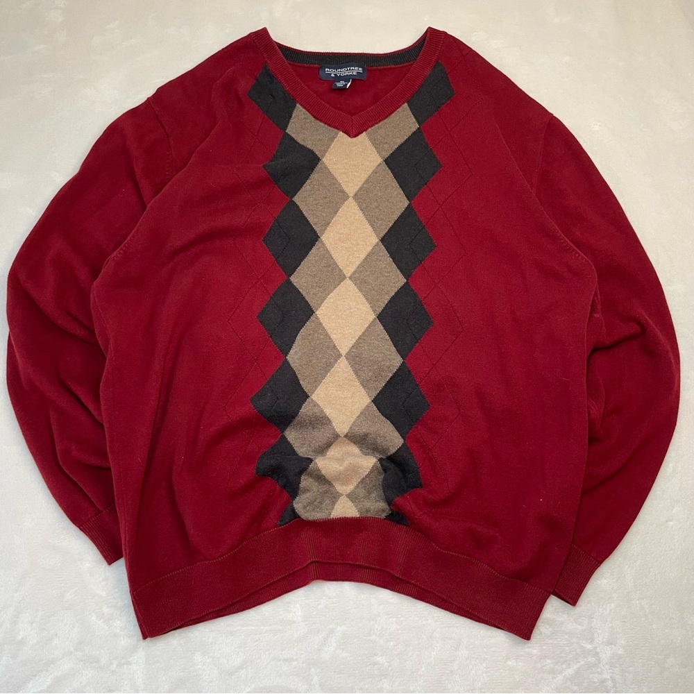 ROUNDTREE & YORKE Men’s Sz XL Red/Multicolor Argyle Long Sleeve V-Neck Sweater